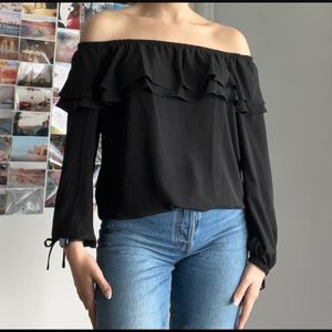 Michael Kors Ruffle Off the Shoulder Tie Long Sleeve Top - Size M